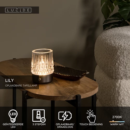 Lucide LILY - Oplaadbare Tafellamp - Accu/Batterij - Ø 8 cm - LED 3 StepDim - 1x3W 2700K/3000K - Zwart chroom - Set van 3 - USP